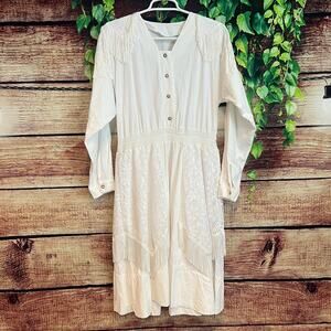 Vintage Sas'sa White Western Dress Large Midi Cowgirl Fringe Lace Conchos